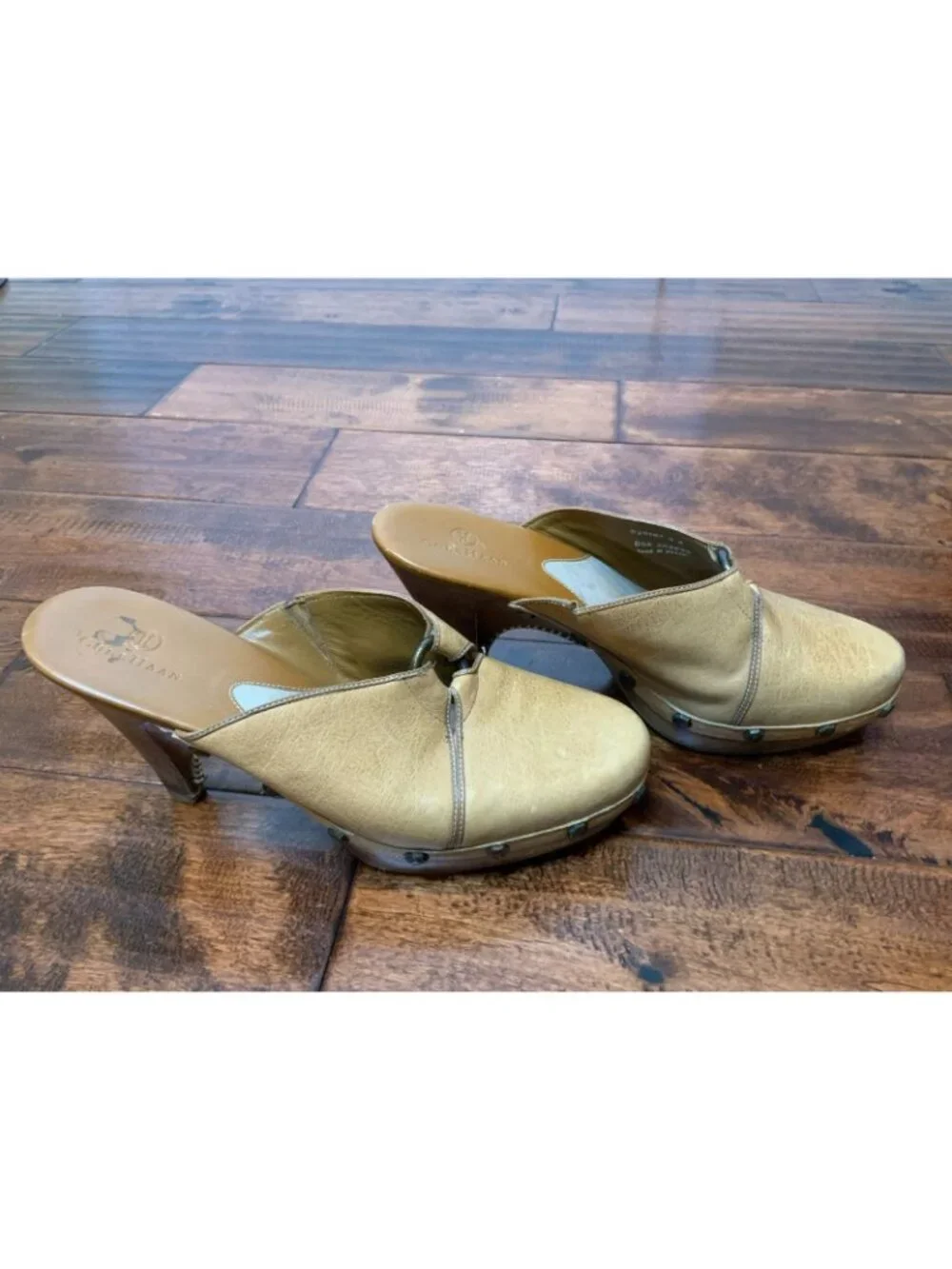 Cole Haan Tan Leather Studded Platform Mules W/Wooden Heels, Size 9